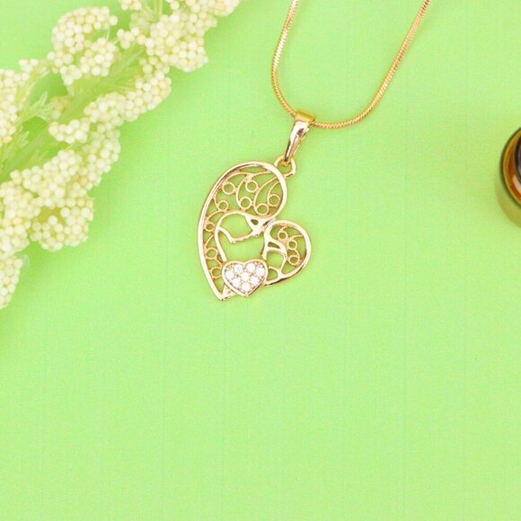 "Rose Gold Heart Pendant Featuring Mother & Child with Crystal Accent, XPPT1864 - Picture 11 of 13